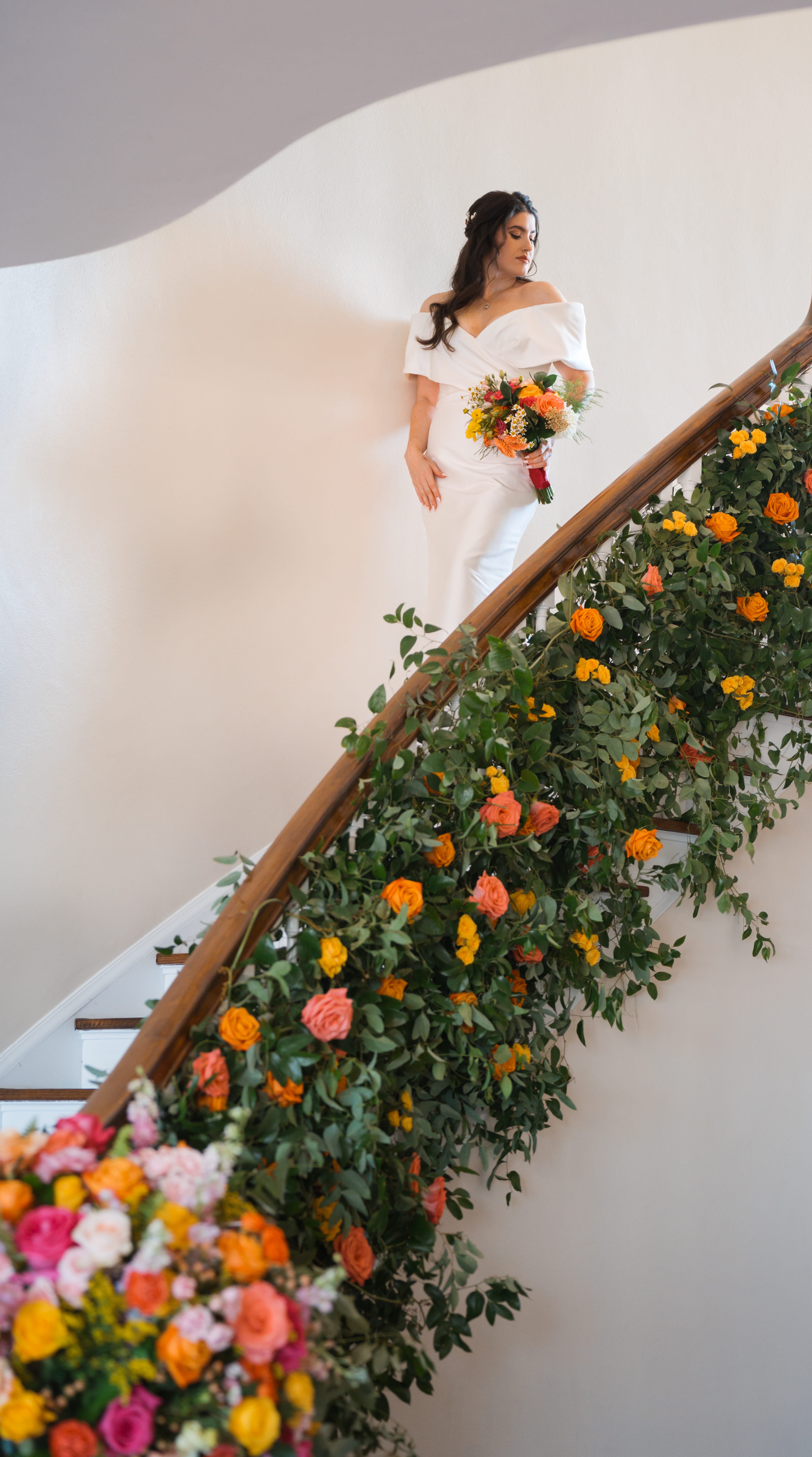 Bride staircase cascading roses