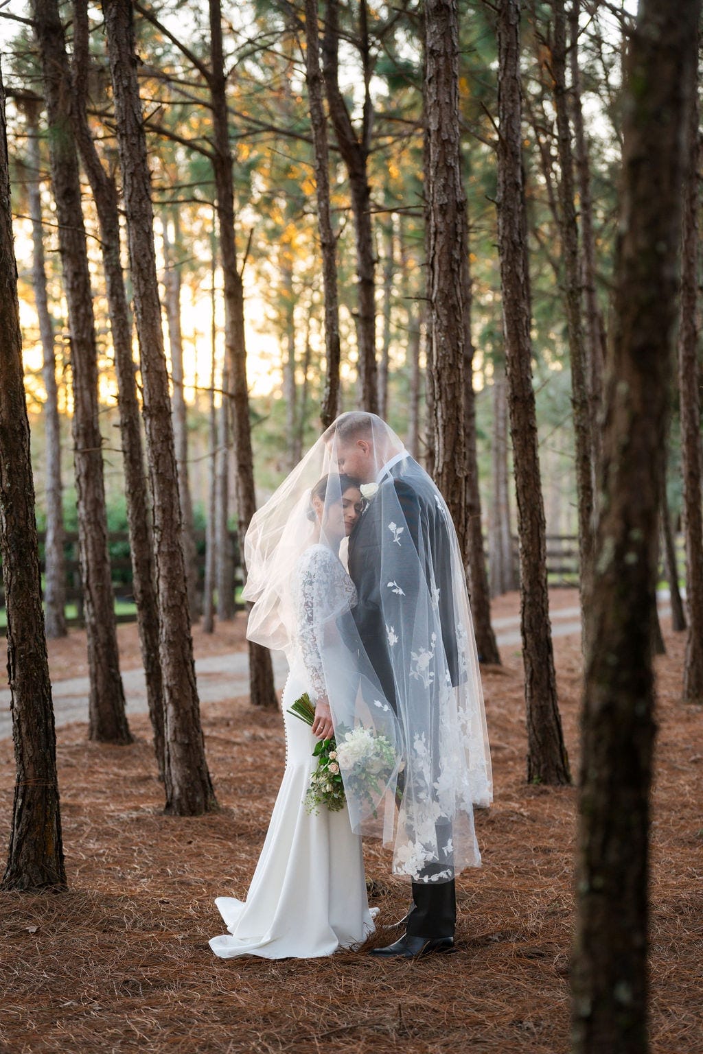 Bride and groom under cathedral veil pine forest sunset