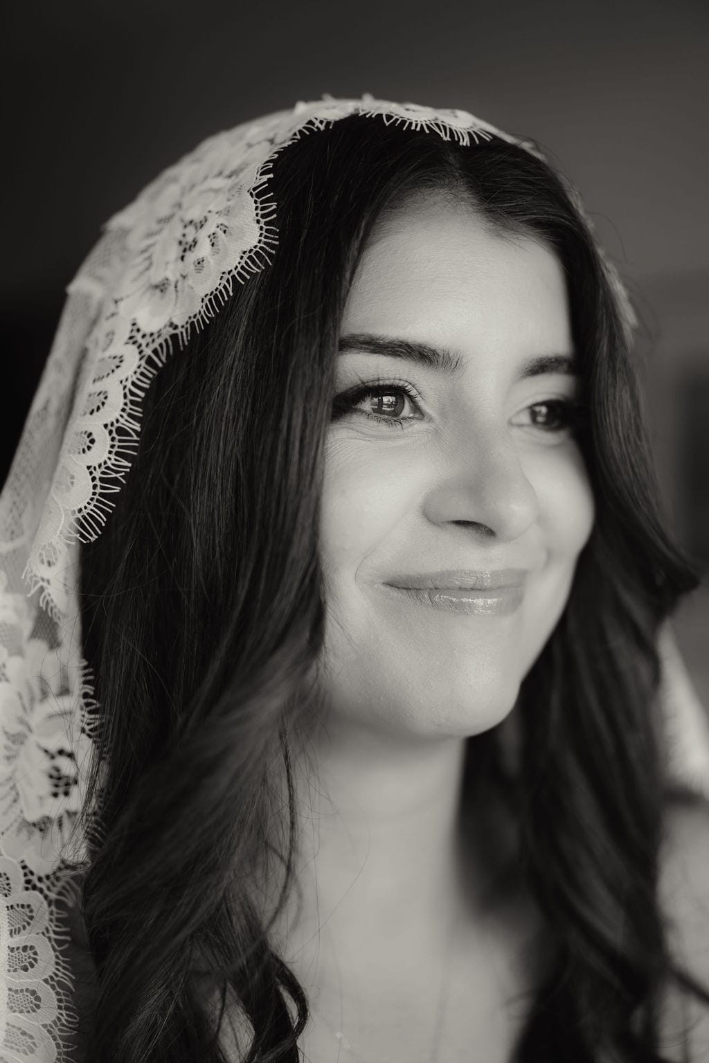 Black and white bridal portrait lace mantilla veil