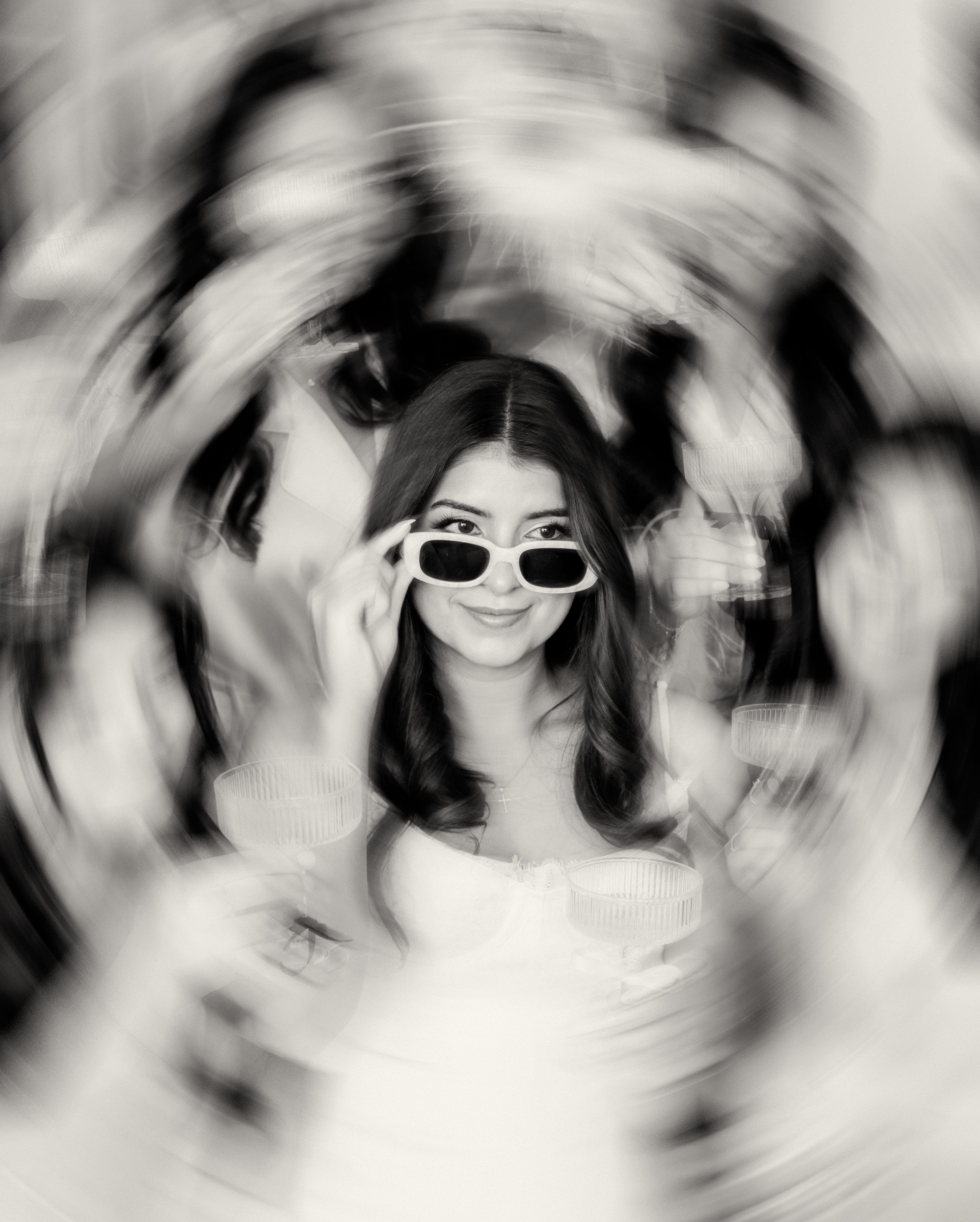 Black and white bridal party spin sunglasses