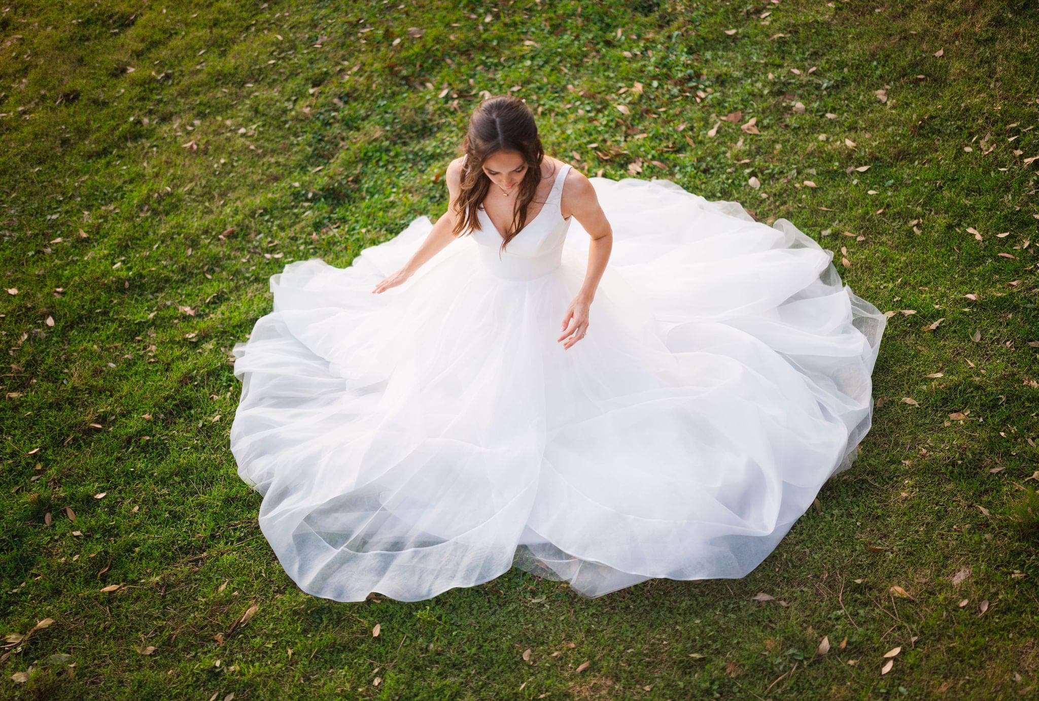 Overhead view of a bride with her white tulle gown fanned in a full circle on a green lawn