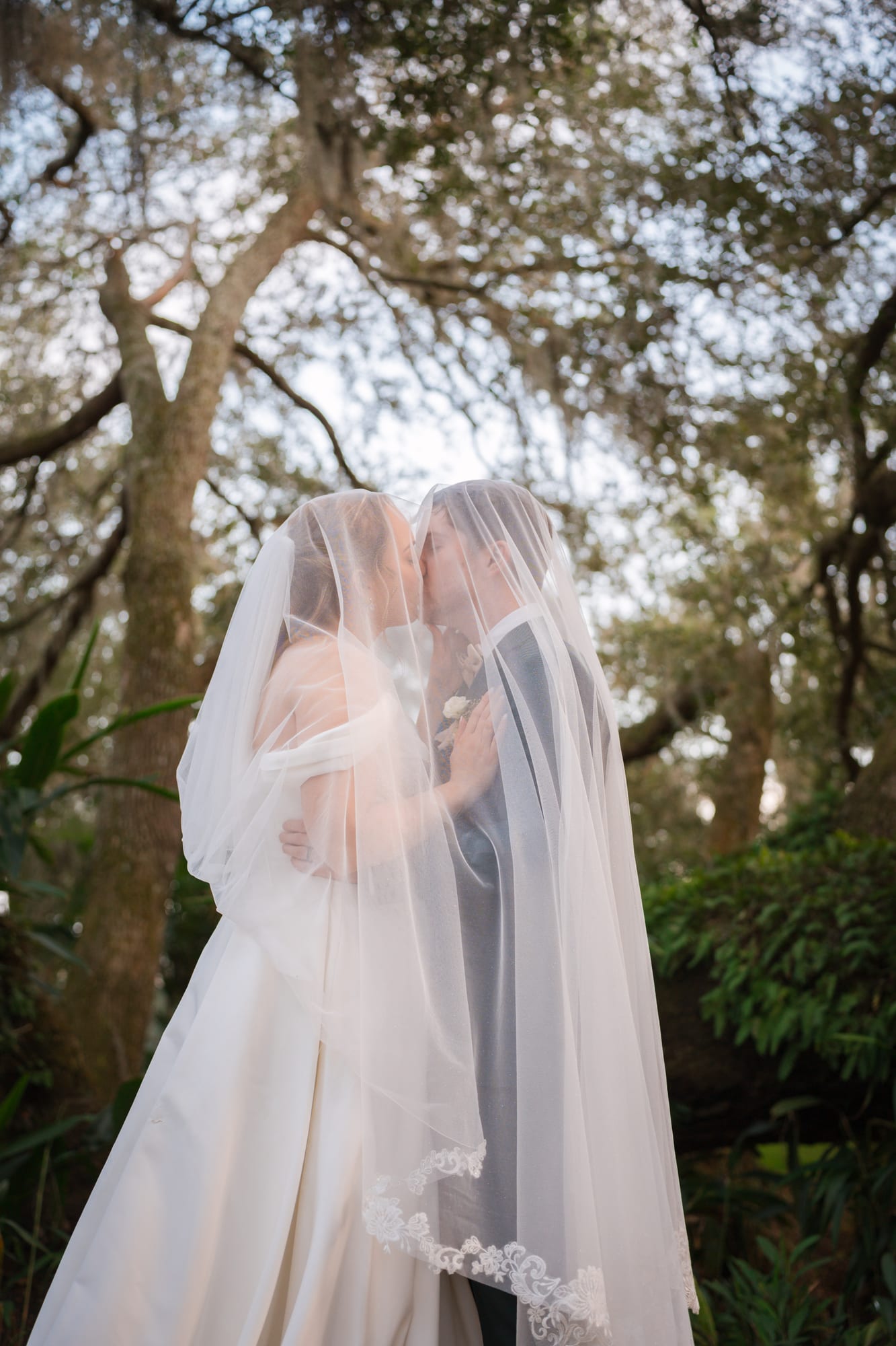 Bride and groom kissing beneath her veil under the oak trees