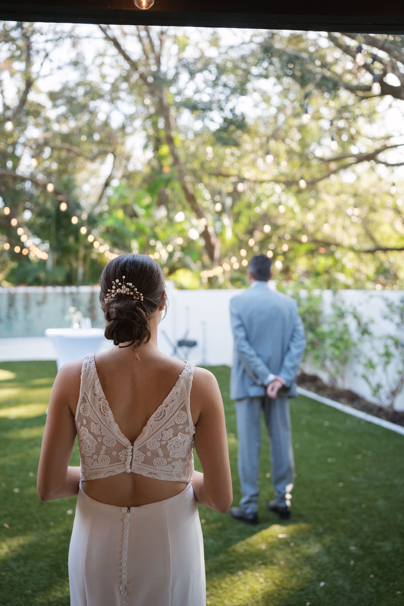 Bride approaching her father for their first look on the lawn at SoireEstate